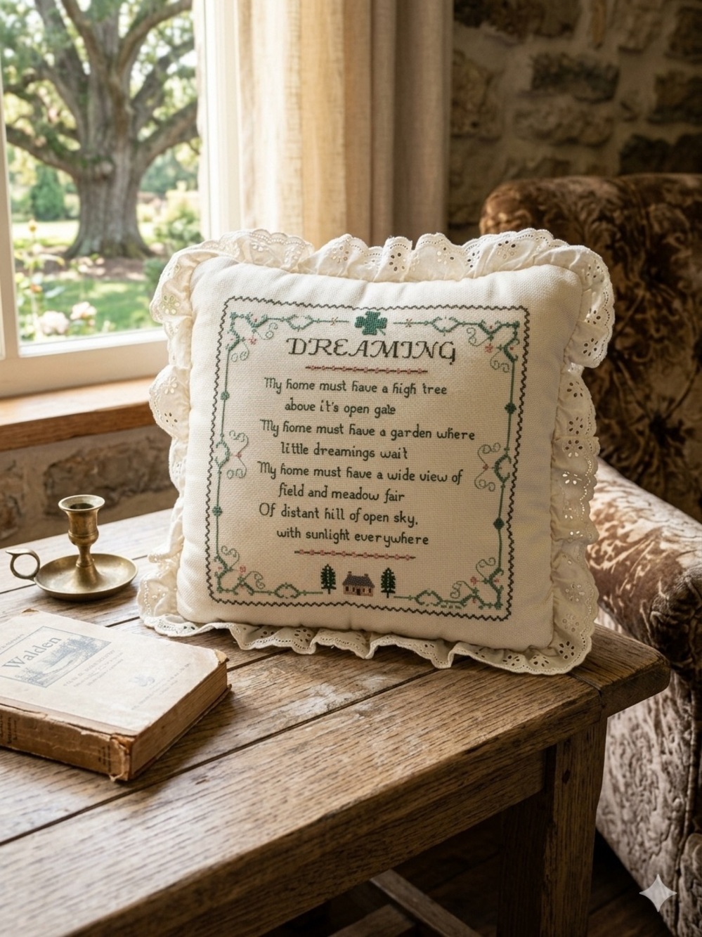Vintage Handmade Cross-stitch Lace Edge Decorative Throw Pillow